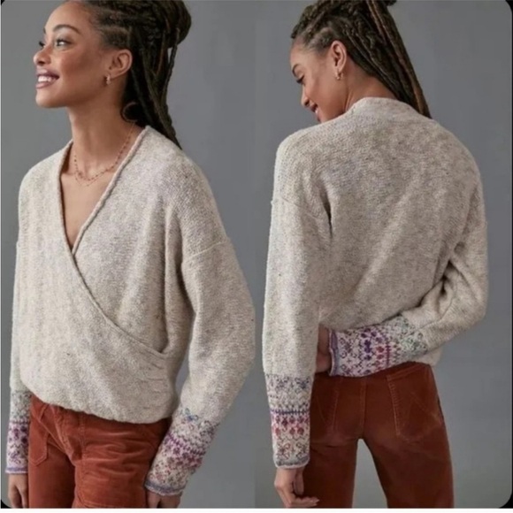 ANTHRO Pilcro Drew Surplice Sweater Faux Wrap Fair Isle Boho Cabincore Size XS - Picture 1 of 12